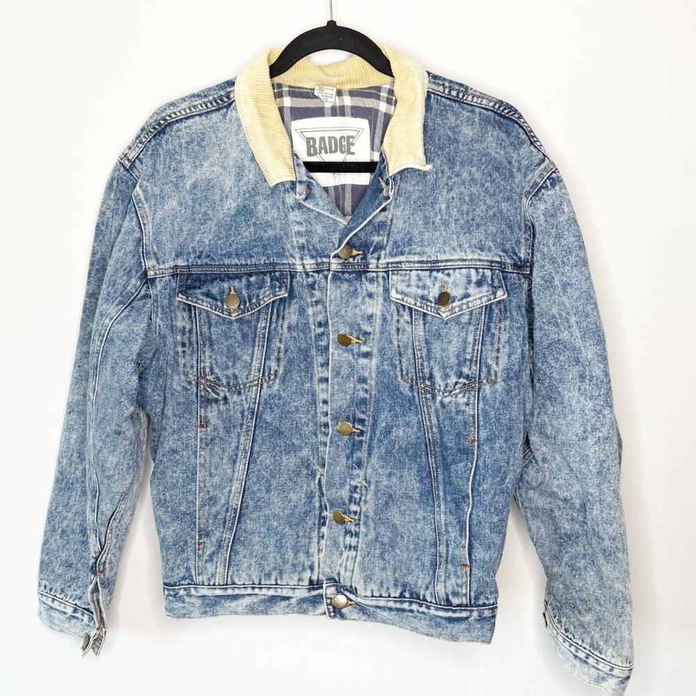 Vintage Badge Acid Wash Denim Jacket Size M‎ Blue Plaid Lined Corduroy Collar